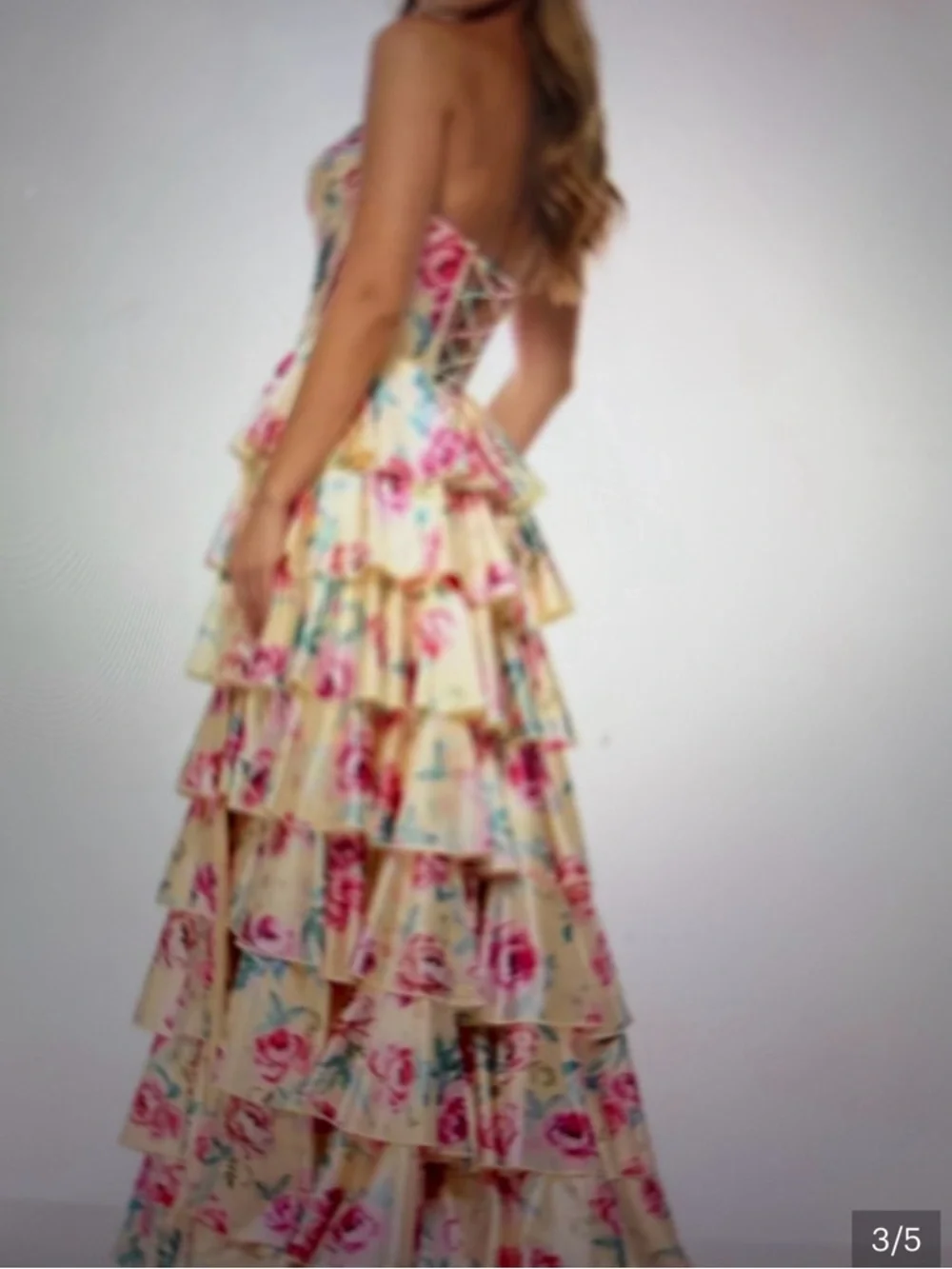 Sherri Hill Floral Tiered High-Low Prom Dress in Cream and Pink - Picture 3 of 6